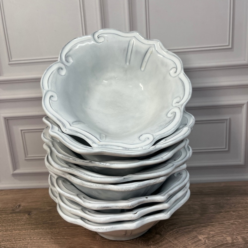 Vietri Incanto Baroque Soup Bowls White 7 in Italian Stoneware Rustic Set of 8